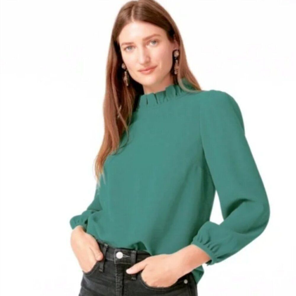 J. Crew Ruffle Neck Crew Neck Green Long Sleeve Crepe Top